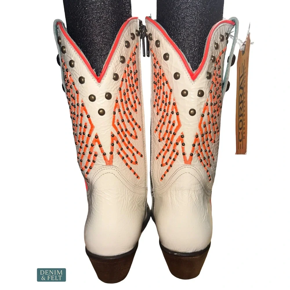 NEW Corral Fluorescent Studded White Pink Western Cowgirl Boots Round Toe Size 8